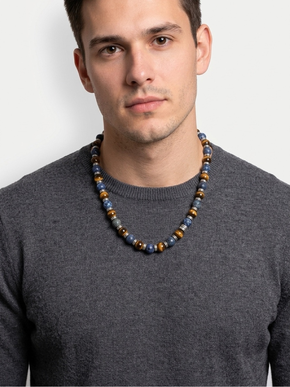Blue and Brown Beaded Handmade Necklace with Silver Accents